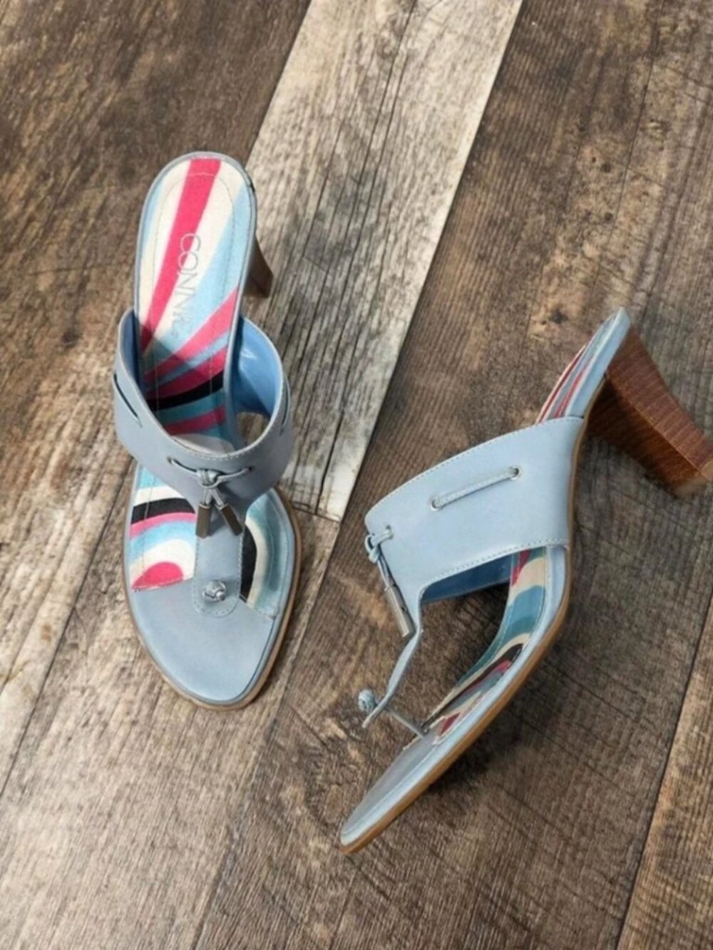 Y2K Blue Leather Thong Heels Sandals 8.5